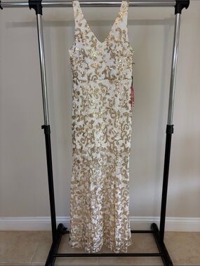 City Studio Long Formal Dress Gown, Size 13, Ivory and Gold Sequins